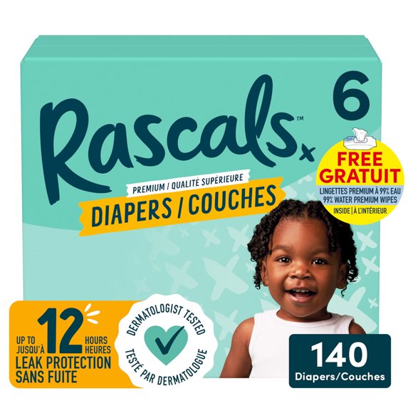 Rascals Premium Absorbent Baby Diapers Size 6, Mega Carton, 140 Count includes 5 99% Water Premium Wipes
