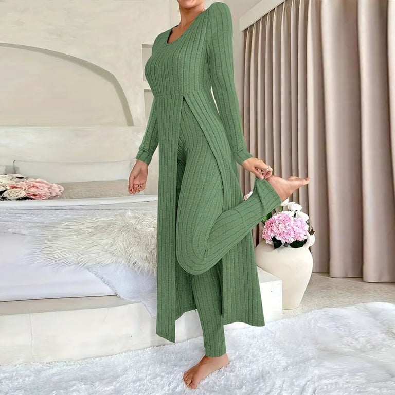 winter two piece dress set UAMVSH Knit Sets Women Side Split Long with Leggings Comfy Casual Crewneck Ribbed Pj Fall Clothes soft knit construction that Collection:WK50REPEAT Dreaming Of Wearing A size:3XL
