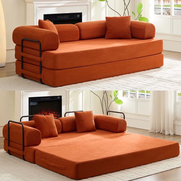 ZAFLY Folding Sofa Bed | Convertible Futon Sleeper Couch | Modern Floor Mattress | Corduroy Sofas and Couches for Living Room - Orange