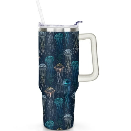 

40oz Jellyfish Print Tumbler with Flip Straw Lid Stainless Steel Travel Cup with Handle Great Gift for Beach Lovers