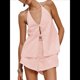 thumbnail image 3 of Conjunto de 2 Piezas de Top Holgado de Verano para Mujer, Sexy, con Espalda Descubierta, Cuello Halter y Lazo Frontal, y Pantalones Cortos de Cintura Alta. Rosa M, 3 of 10
