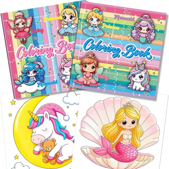 Kalysky 2-Volume Princess Coloring Book, Unicorns, Fairies, Mermaids, For Girls Aged 3-8, Preschool Activity Book, Screen-Free Activity, Gift, Travel
