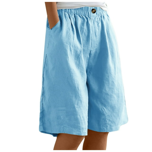 Woman Elastic Solid Color Shorts Button Down Half Pants with Pocket - Casual Short Pant Wide Leg Shorts