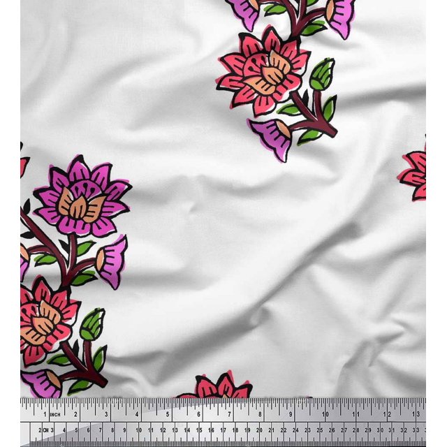 Soimoi Rayon Crepe Fabric Leaves & Floral Block Printed Fabric 1 Yard 46 Inch Wide