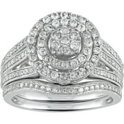 1.00 Carat T.W. Diamond and Double Framed Cluster Sterling Silver Bridal Set