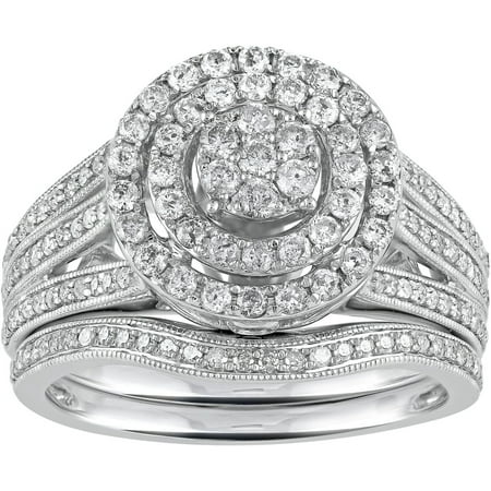 1.00 Carat T.W. Diamond and Double Framed Cluster Sterling Silver Bridal Set