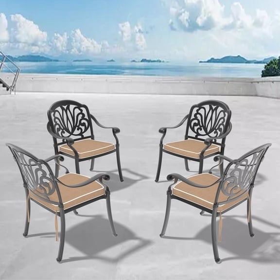Set of 4 Black Aluminum Patio Dining Chairs - Outdoor Stackable Chairs with Brown Cushions, 350 lb Capacity