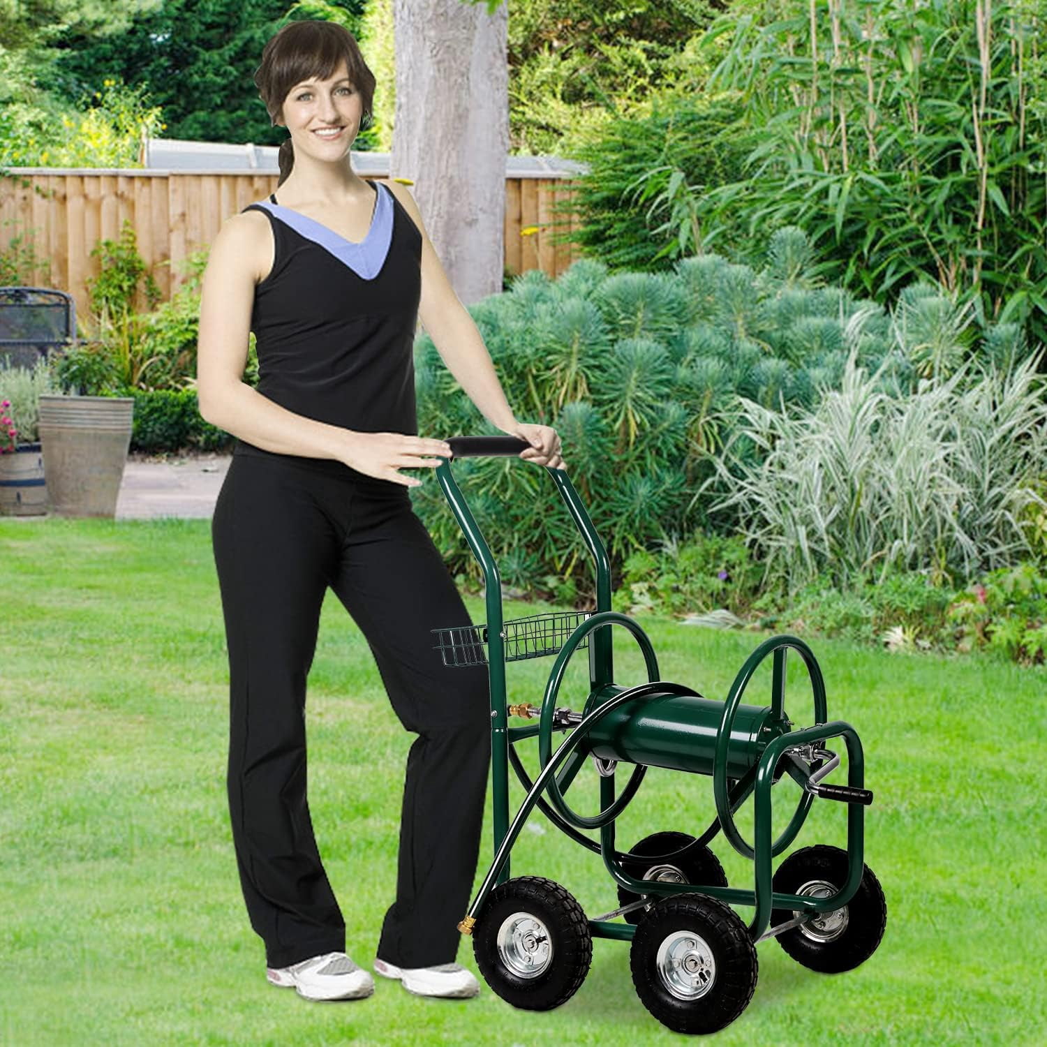 Dkelincs Garden Hose Reel Cart with Wheels 300 Ft of 5/8 in×6Ft Steel Portable Water Hose Reel with Storage Basket, Green