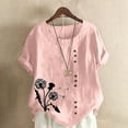 thumbnail image 4 of WREESH Womens Cotton Linen Shirts Summer Casual Round Neck Short Sleeve Printing Loose Shirt Tops Pink, 4 of 4