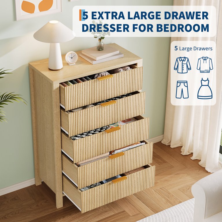 Fluted 5 Drawer Dresser for Bedroom, 45 Inch Tall Narrow Nightstand, Modern  Chest of Drawers, Wooden Storage Organizer for Small Spaces, Living Room,  ...