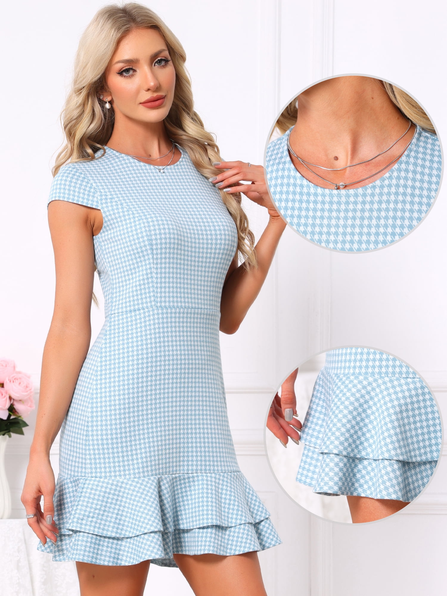 DARING DIVA Women's Elegant Houndstooth Ruffle A-Line Mini Dress L Light Blue