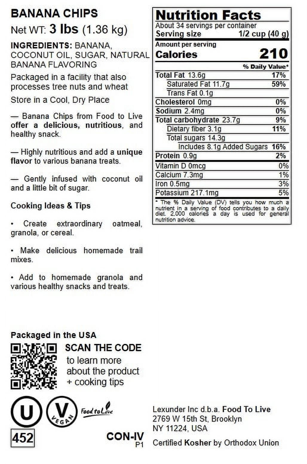 Banana Chips, 3 Pounds - Kosher, Vegan - by Food to Live