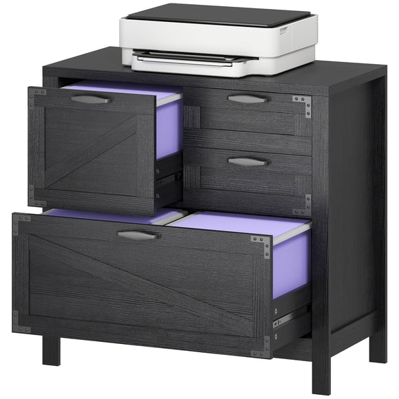 Farmhouse Black Wood Grain Lateral File Cabinet - 4 Drawers for Letter/A4/Legal, Home Office Storage Cabinet, 31.5” Wide