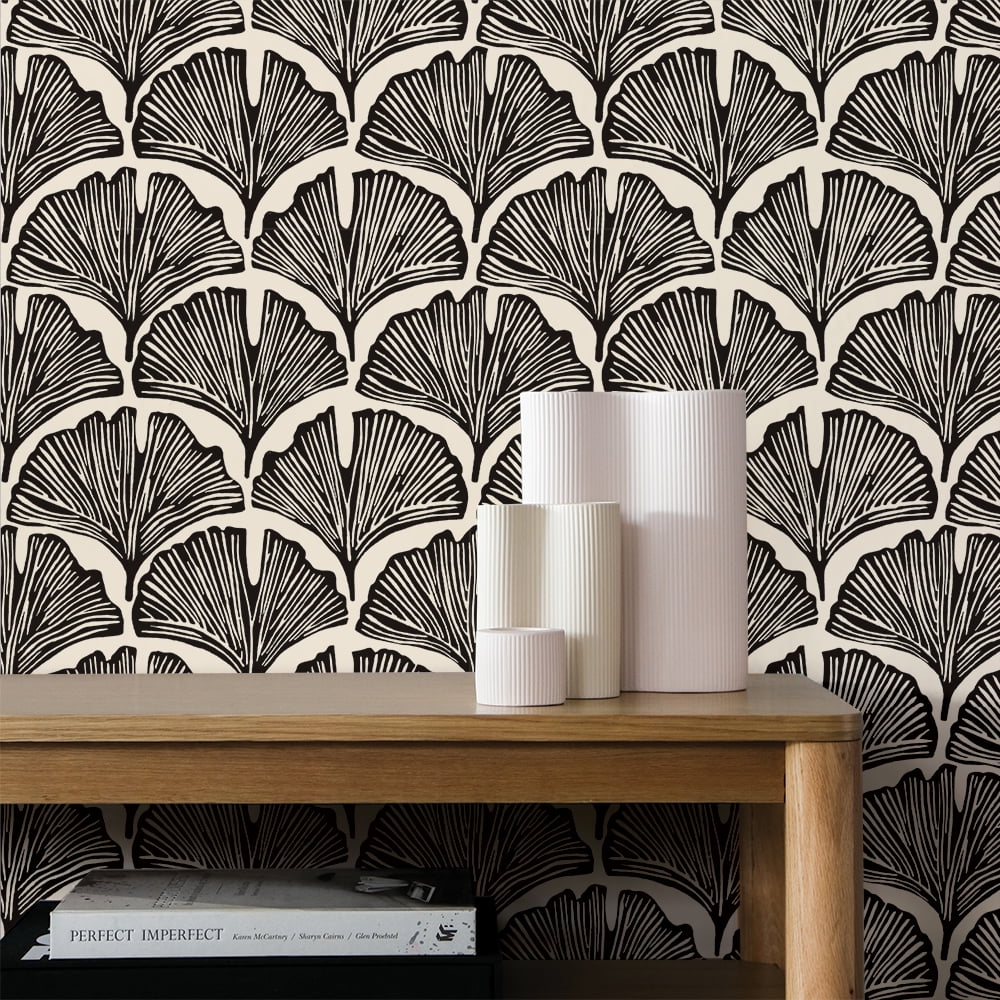 Tempaper x Novogratz Black Feather Palm Peel and Stick Wallpaper, 20.5" x 9'