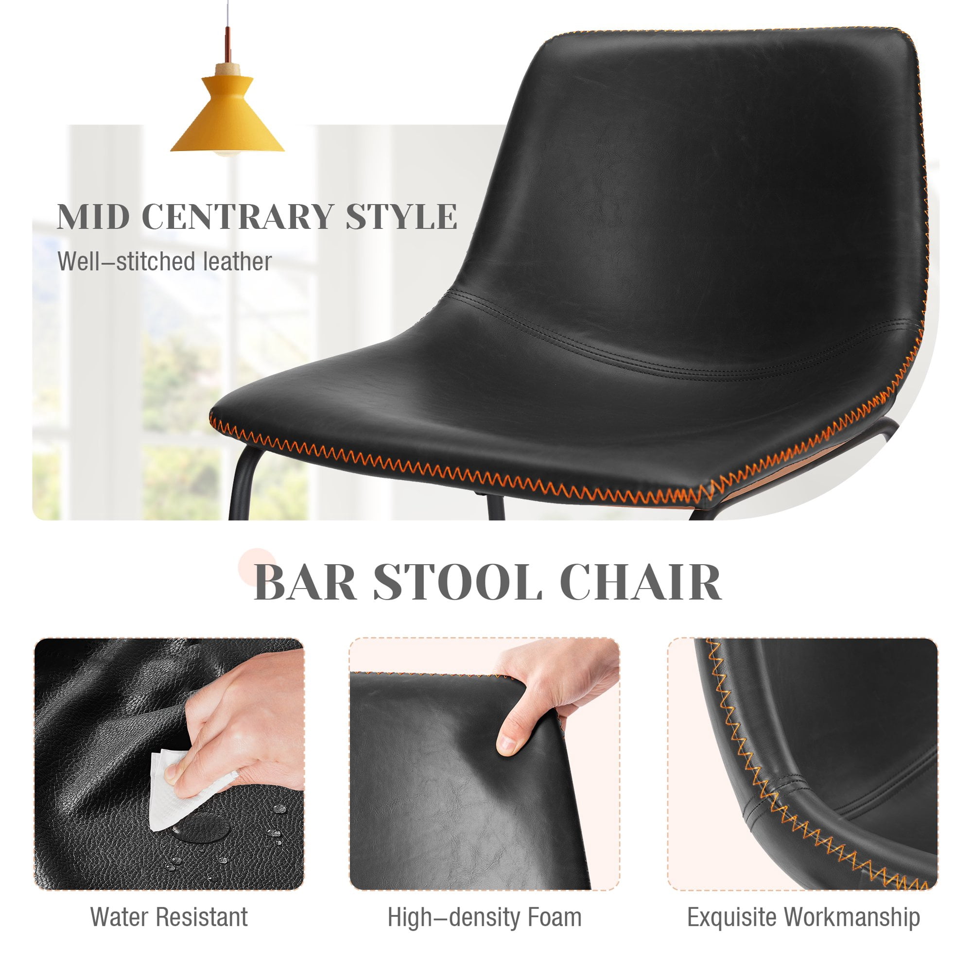 MCQ Counter Height Bar Stools Set of 2, Faux Leather 26 inch High Barstools with Back and Metal Leg, for Home Kitchen Office, Black