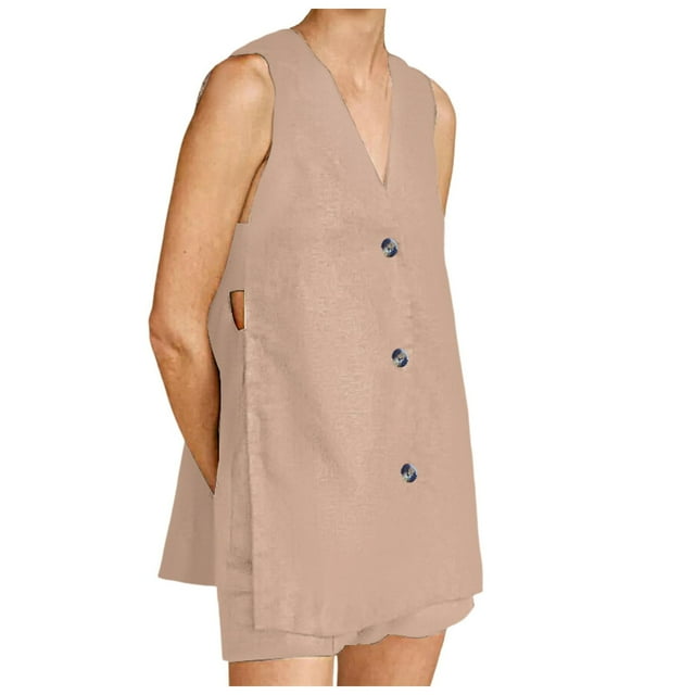 Conjunto de dos piezas de verano para mujer: top sin mangas de algodón puro y pantalones cortos, cintura elástica estampada - Poliéster - S-XXL