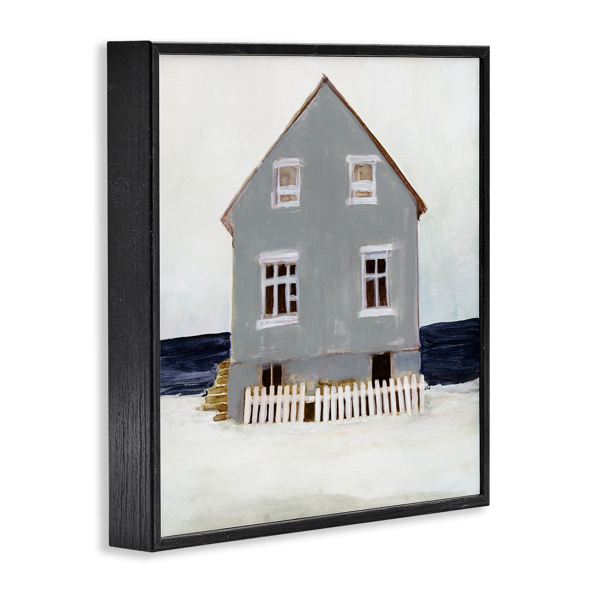 Stupell Industries Winter Beach House Landscape Nature Painting Black Framed Art Print Wall Art, 17 x 17