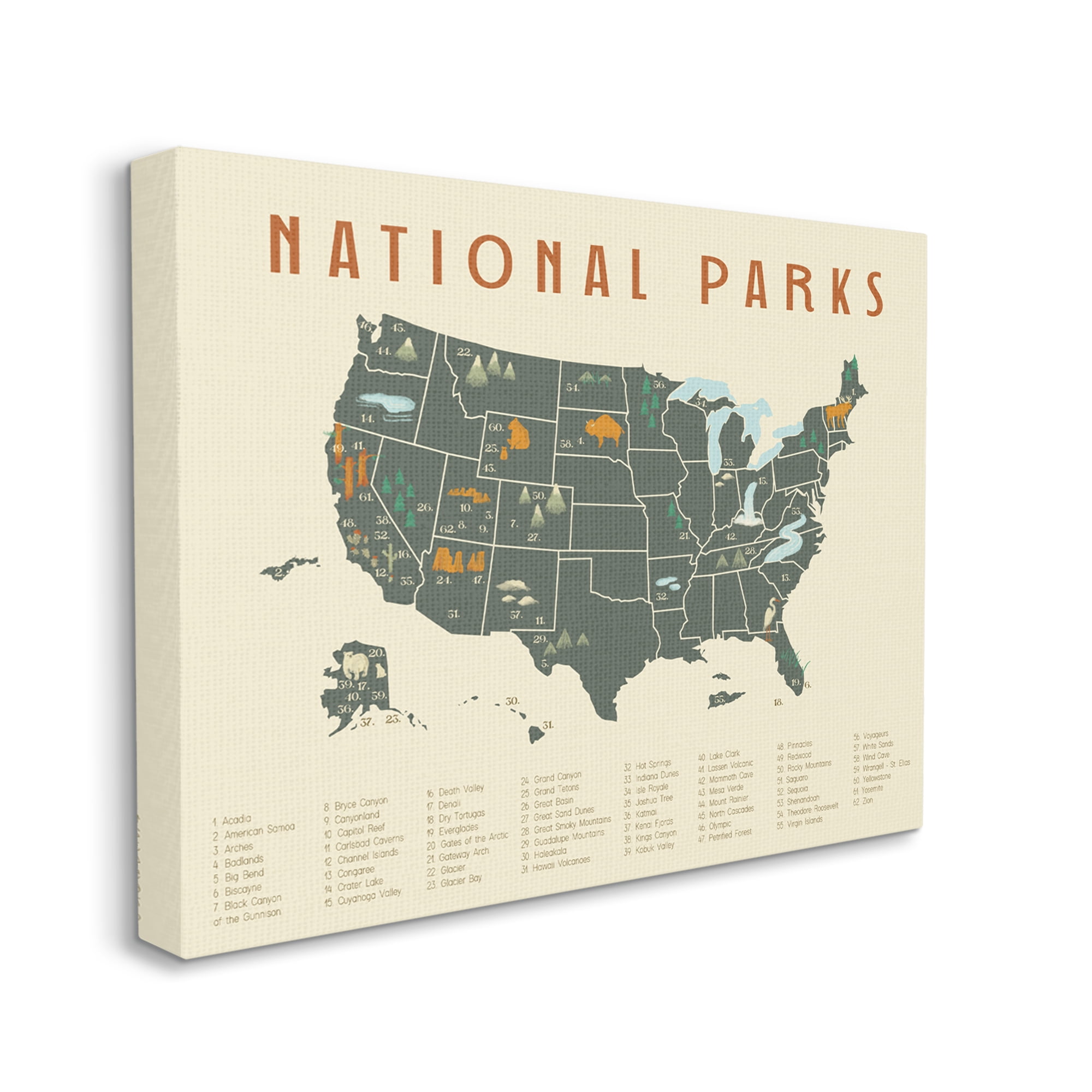 Stupell Industries United States National Parks Adventure Map Green Orange, 48 x 36, Design by Daphne Polselli
