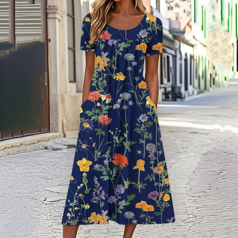 LOVZFMLL Women Summer Casual Dresses Short Sleeve Knee Length T-Shirt  Dresses Swing Flowy A-Line Midi Dresses Sundresses with Pockets Navy M -  Walmart.com