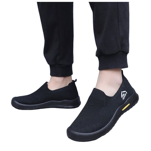 Rokment Mens Orthopedic Walking Non Slip Work Shoes Breathable Mesh Comfortable Wide Width Slip on Socks Tennis Driving Golf Nursing Sneakers with Arch Support Black Size 7.5