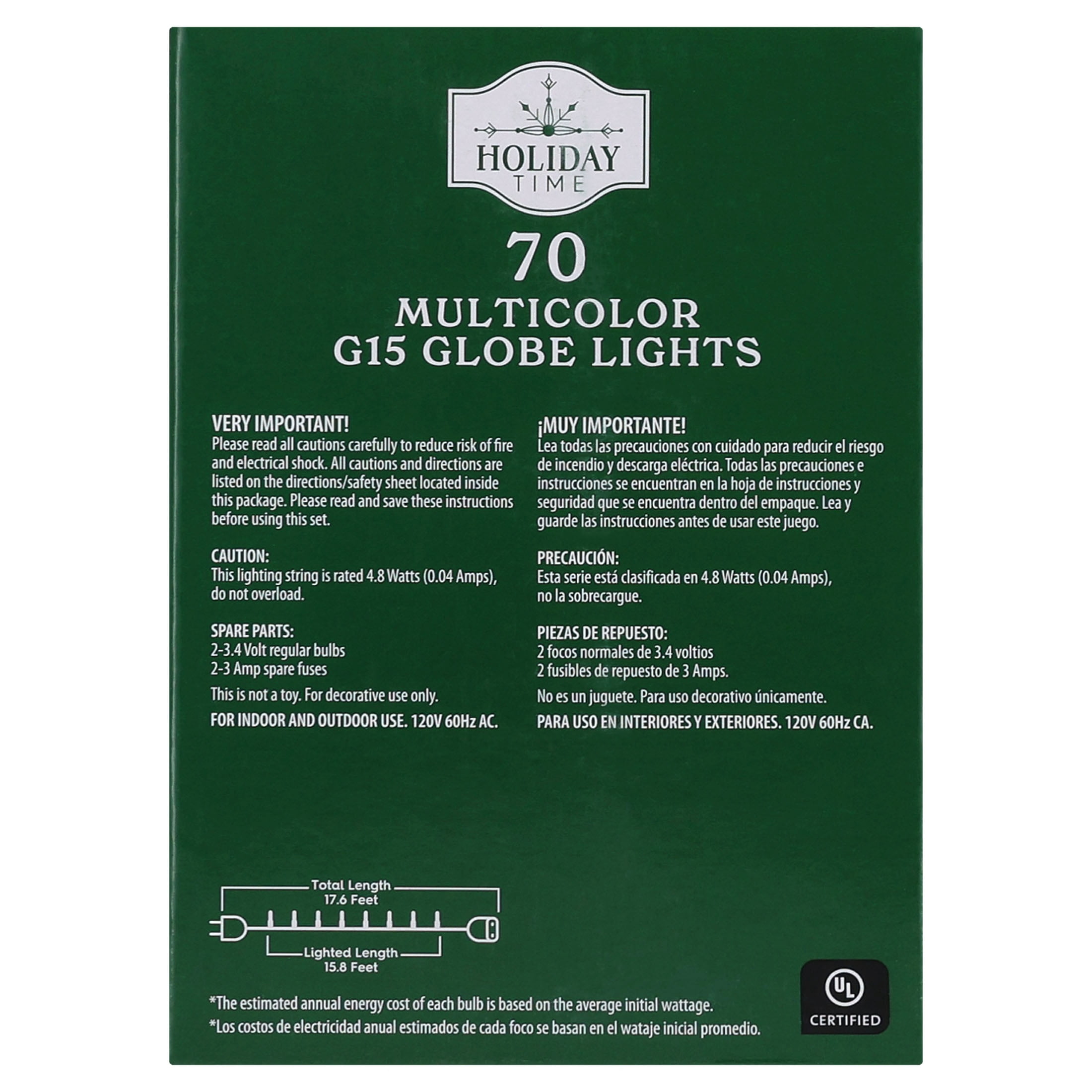 Indoor/Outdoor 70-Count LED G15 Globe Christmas String Lights, Multicolor, Green Wire, 15.8', by Holiday Time