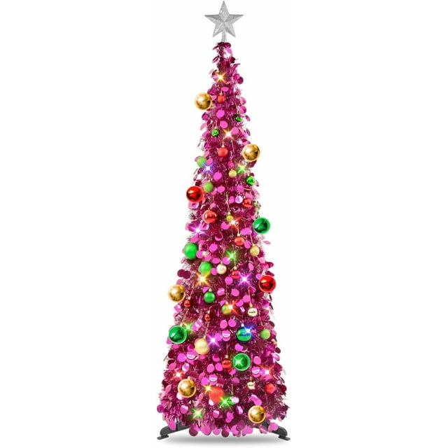 Fall Tree Home Decor Pop Up Tree with Lights & Timer & Modes Collapsible Tinsel Pencil Tree for Autumn Harvest Porch Thanksgiving Party Decorations Maple Leaves