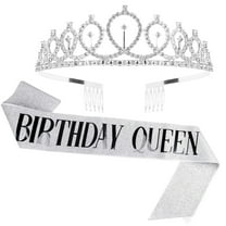 lvdiandian 'Birthday Queen' Sash & Rhinestone Tiara Set - Silver Birthday Tiaras and Sash Party Favors for Women color2