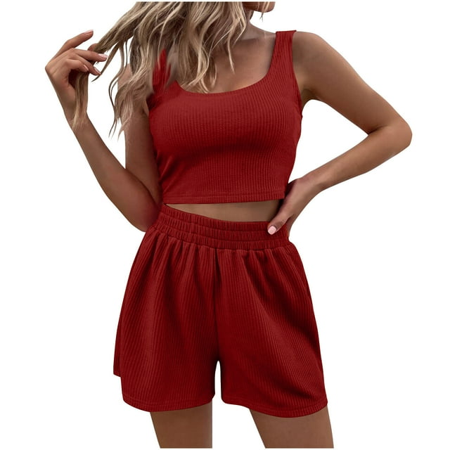 Pitauce Women's 2 Piece Summer Outfits Ribbed Crop Tank Top High Waisted Shorts Matching Lounge Set Workout Set