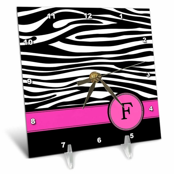 3dRose, Letter F monogrammed black and white zebra stripes animal print with hot pink personalized initial, 6x6 Desk Clock