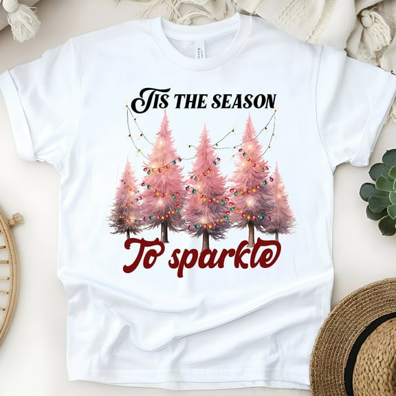 ’Tis the Season to Sparkle T-Shirt | Pink Christmas Tree Holiday Tee, White, Size S