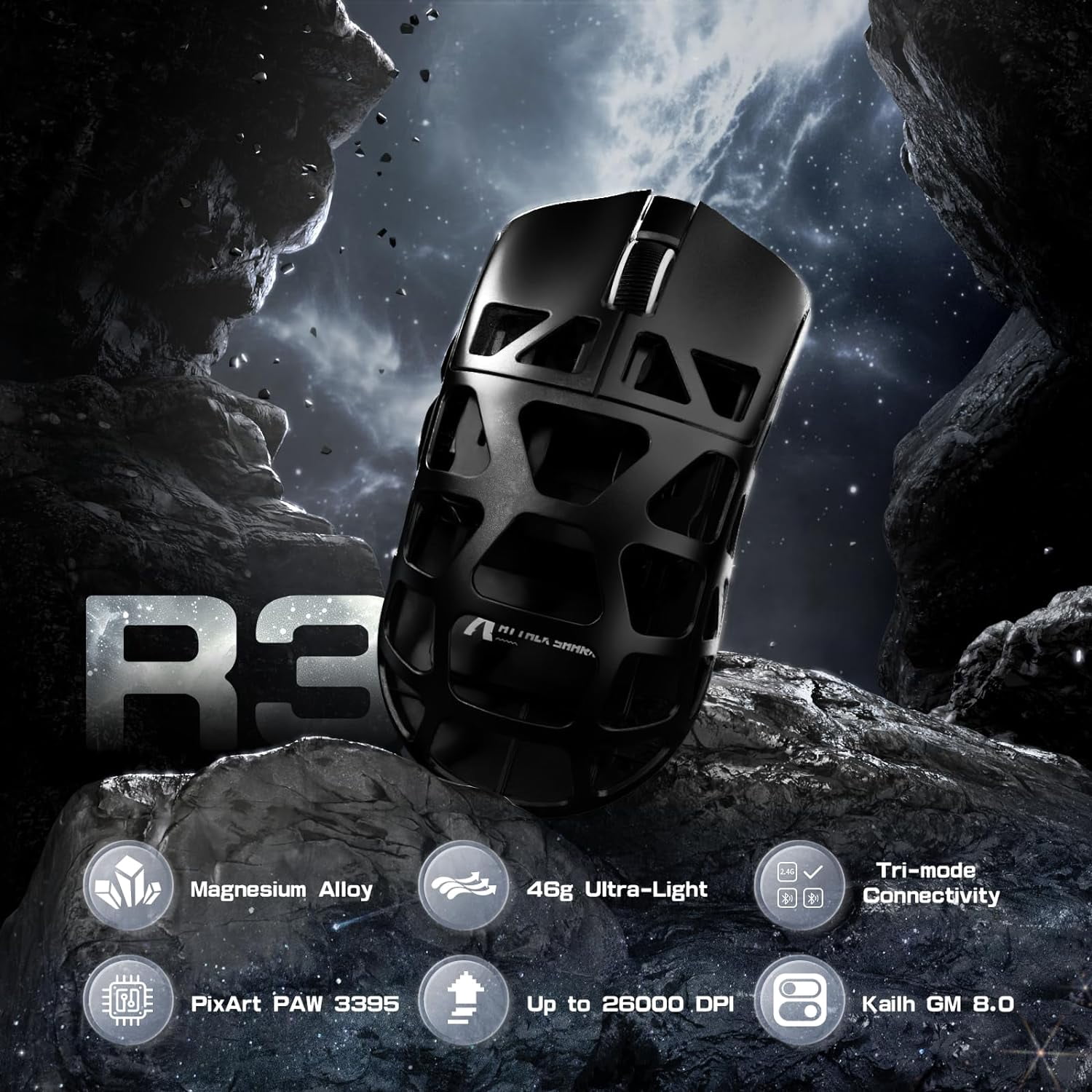 ATTACK SHARK R3 46g Superlight Magnesium Alloy Wireless Gaming Mouse, BT/2.4Ghz/Wired Computer Mouse, 8000Hz Wireless Polling Rate, PAW3395 26K DPI Optical Sensor Programmable Mice for Win/Mac(Black)