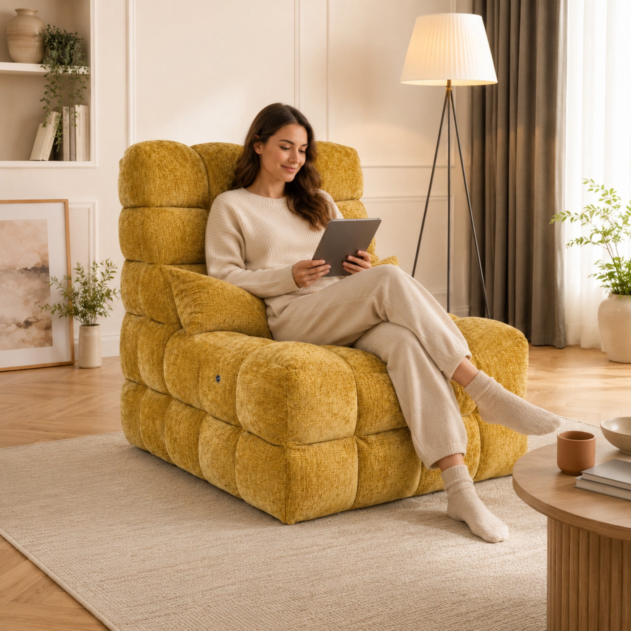 Aenkyo Chenille 2D Roller Massage Sofa Chair, Lounge Accent Chair with Pillow, Yellow