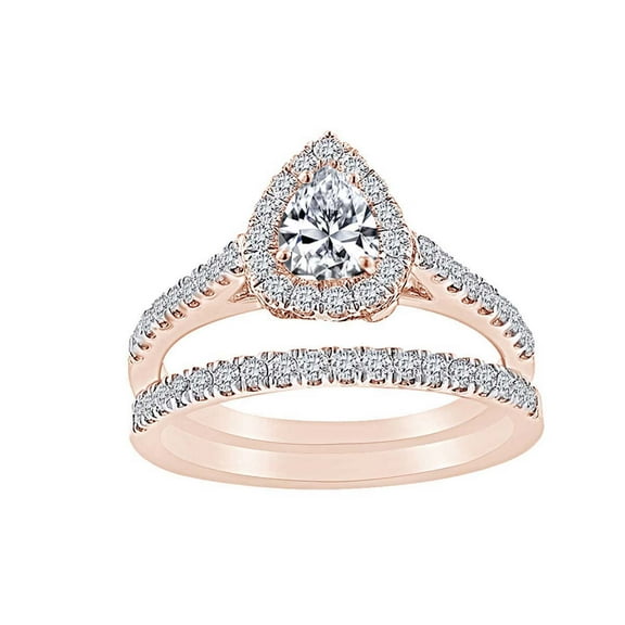 AFFY 0.90 Carat Pear & Round Shape White Natural Diamond Semi Mount Wedding Ring Set 18K Solid Rose Gold Ring Size-9
