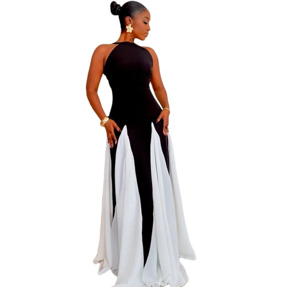 Women's Black & White Irregular Big Hemline Dress, Zipper, O-Neck, Sleeveless, Sexy