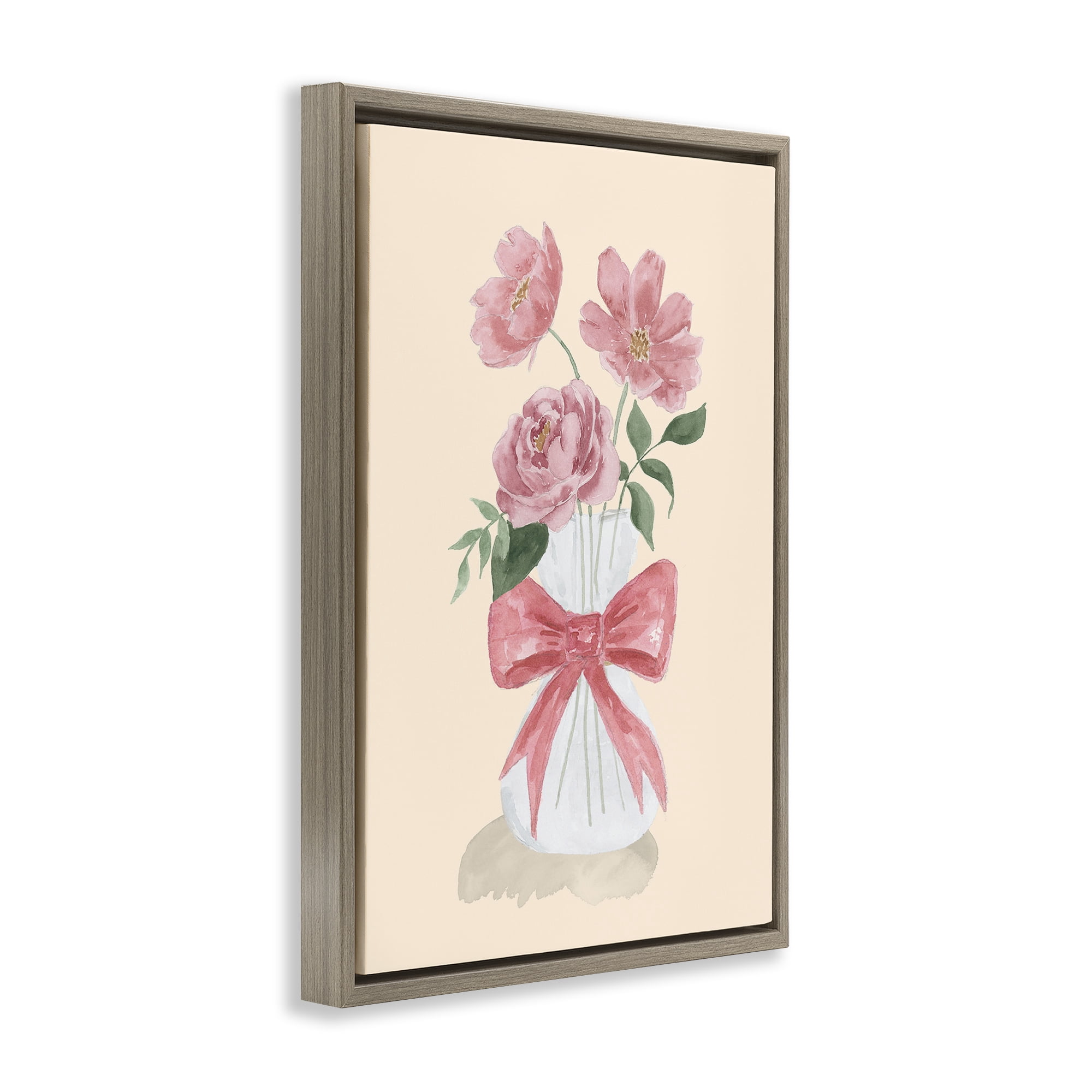 Stupell Industries Chic Vase Of Pink Plants & Flowers Painting Brown Floater Framed Canvas Art Print Wall Art, 21 x 31