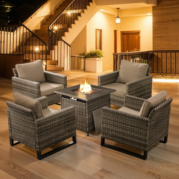 PARKWELL 5-Piece Patio Conversation Set with 4 Wicker Club Lounge Chairs and Fire Pit Table,50,000 BTU, Outdoor Furniture Set for Garden, Deck, Backyard, Gray Cushions,Gray Wicker