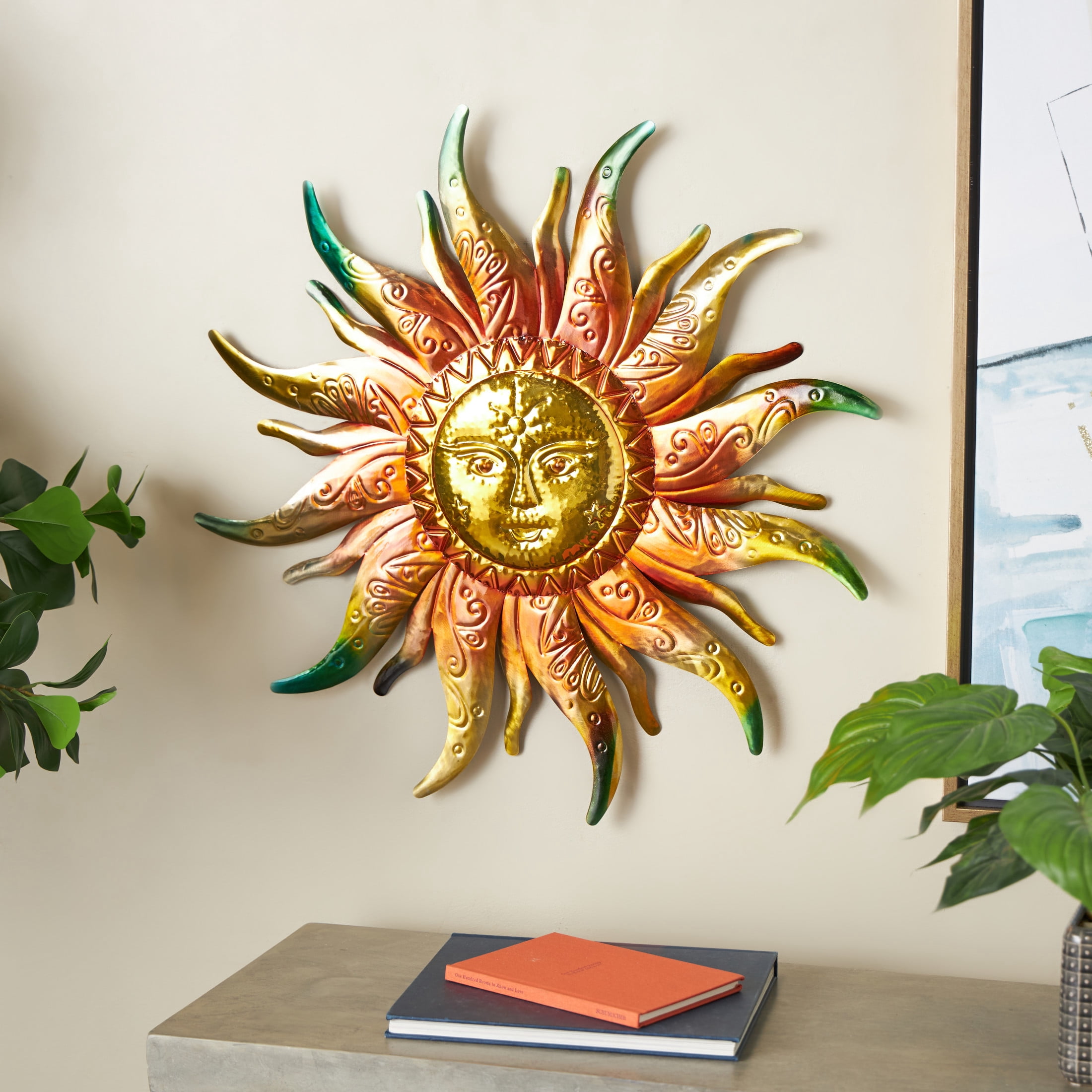 DecMode Gold Stainless Steel Metal Face Sun Wall Decor with Red, Green, and Orange Accents