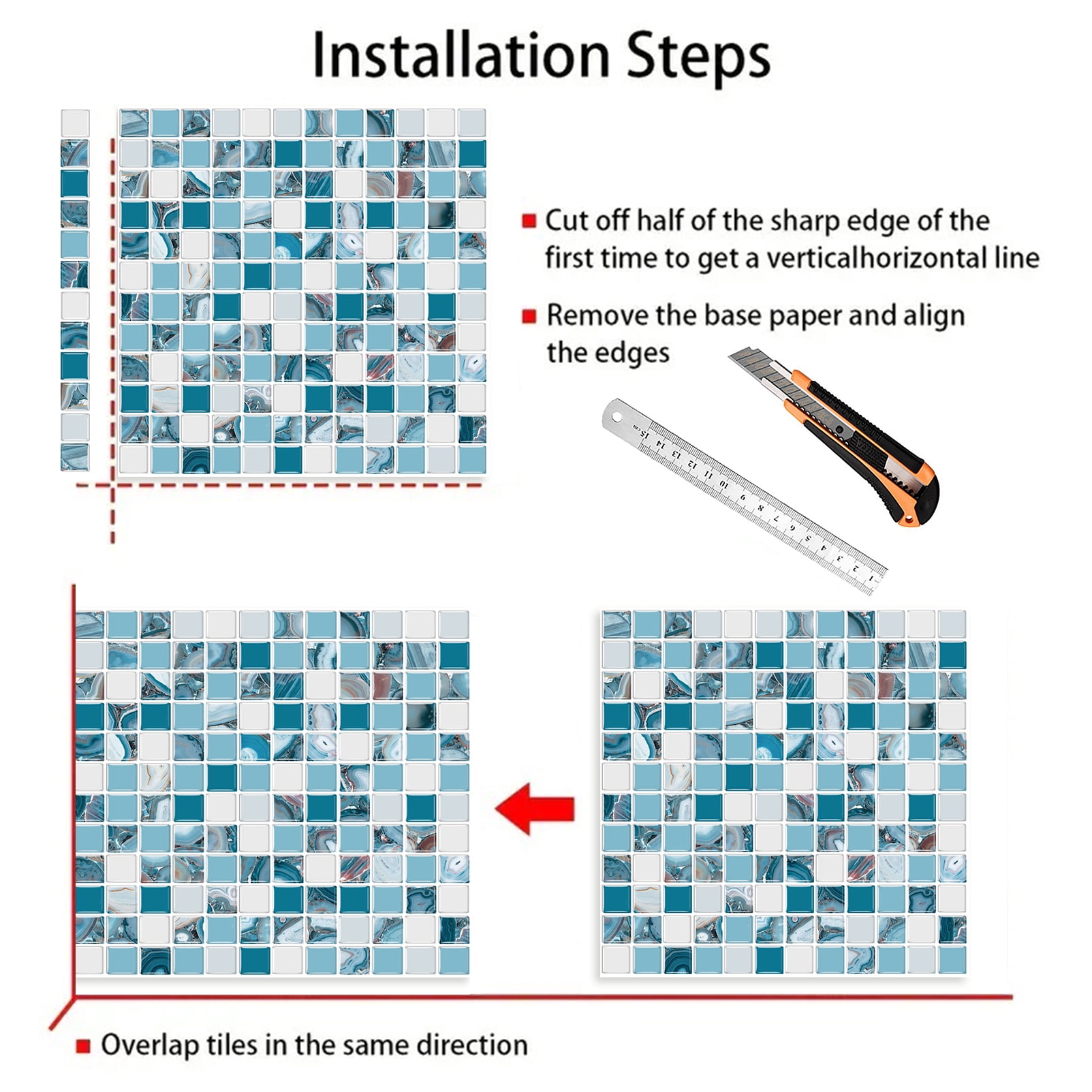 DEWOO 10 Sheet Thicker Mosaic Peel and Stick Backsplash Tile Removable Self Adhesive Wall Tiles for Bathroom Kitchen Counter (12"×12",Blue)
