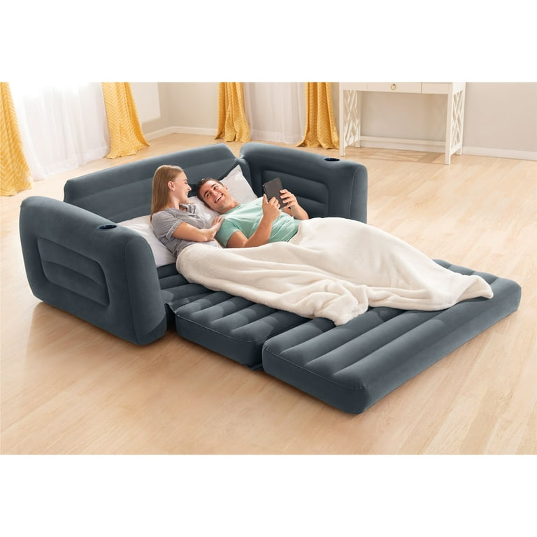 Intex Queen Size Inflatable Pull Out Sofa Bed Couch and Chair Sleeper Dark Gray