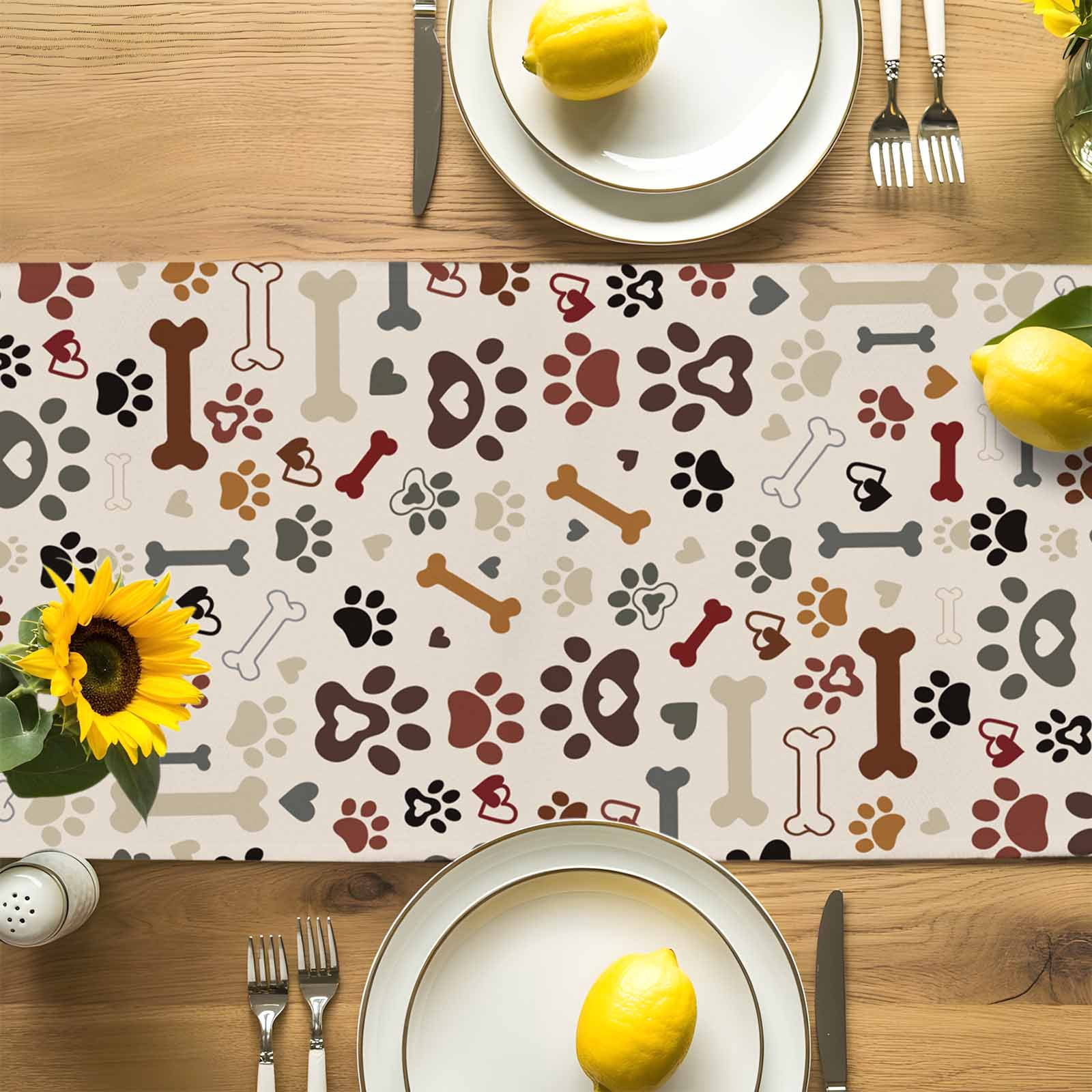Seamless Dog Paw Bone Texture Table Runner 90 Inches Long, Pet Claw Love Heart on Khaki Table Runners Tabletop Scarf Kitchen Dining Tables Decoration for Home Party Indoor Outdoor