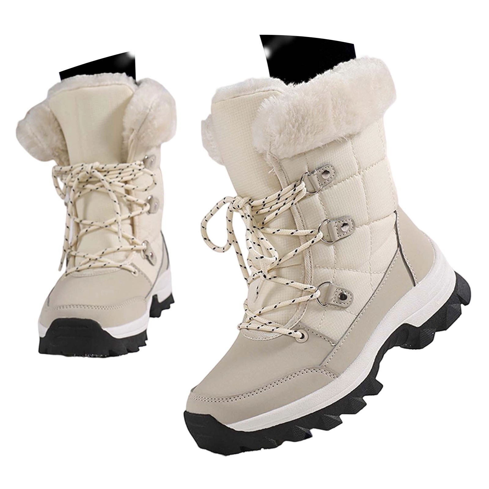 Gyexs Womens Winter Snow Boots Waterproof Shoes Walking Comfortable Hiking Tennis Booties Furry Mid Calf Warm Lightweight Sports Shoes, Beige, Size 6.5