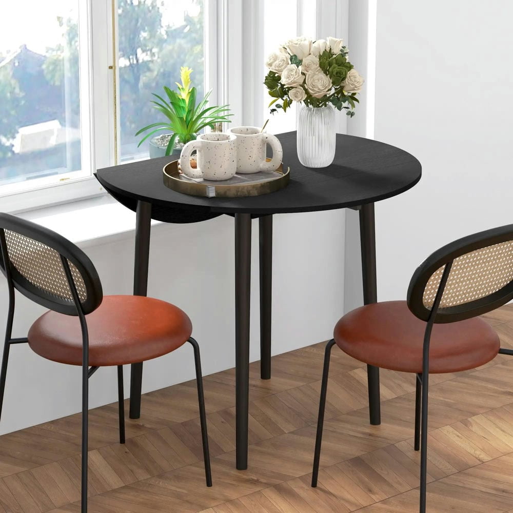 GVN Folding Dining Table, Round Drop Leaf Kitchen Table for Small Spaces with Wood Legs, Black