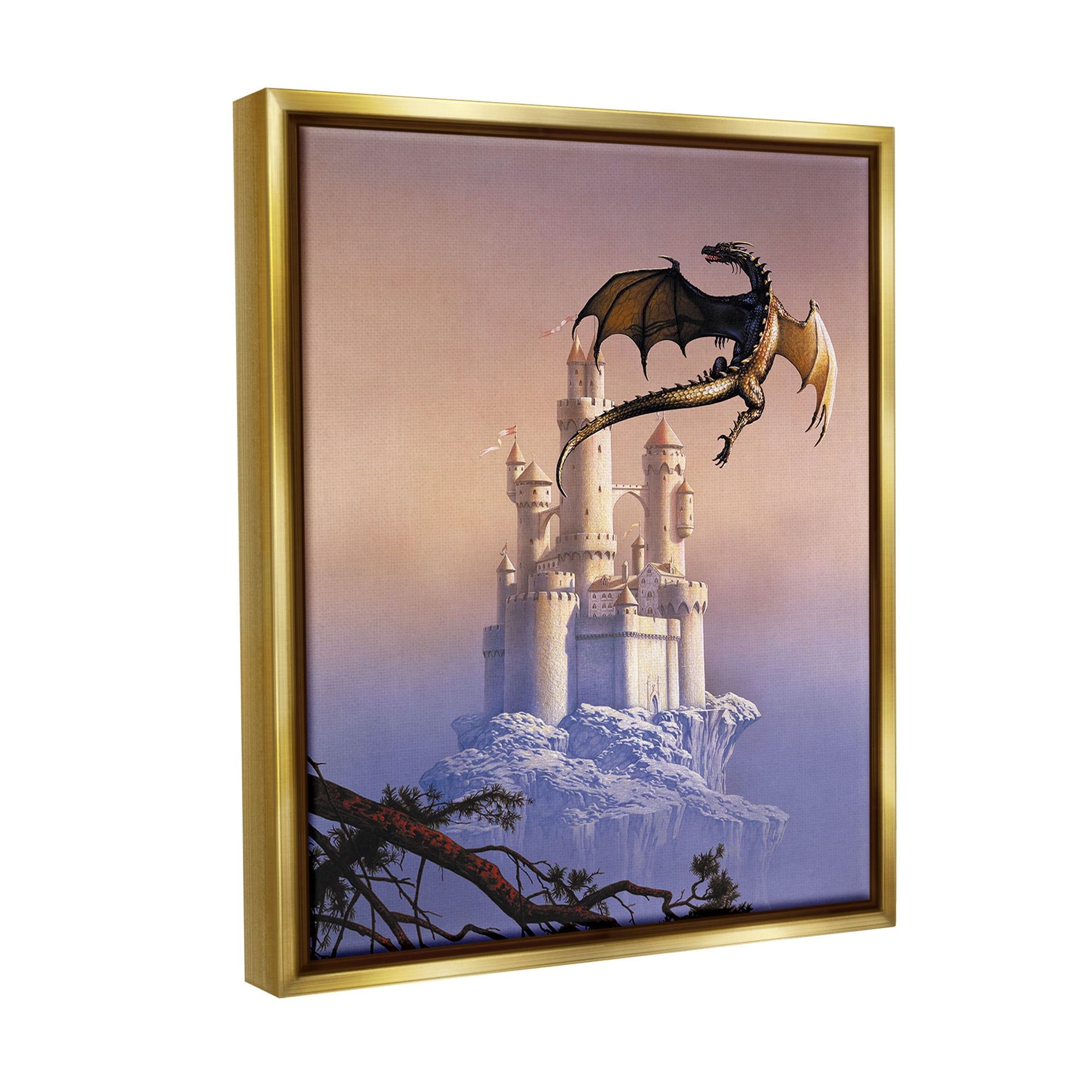 Stupell Industries Magical Dragon & Castle Fairy Tales & Fantasy Painting Gold Floater Framed Canvas Art Print Wall Art, 25 x 31