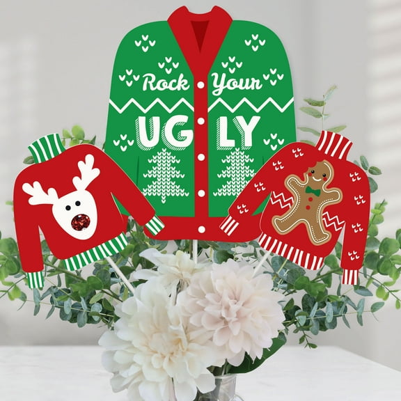 Big Dot of Happiness Ugly Sweater - Holiday and Christmas Party Centerpiece Sticks - Table Toppers - Set of 15