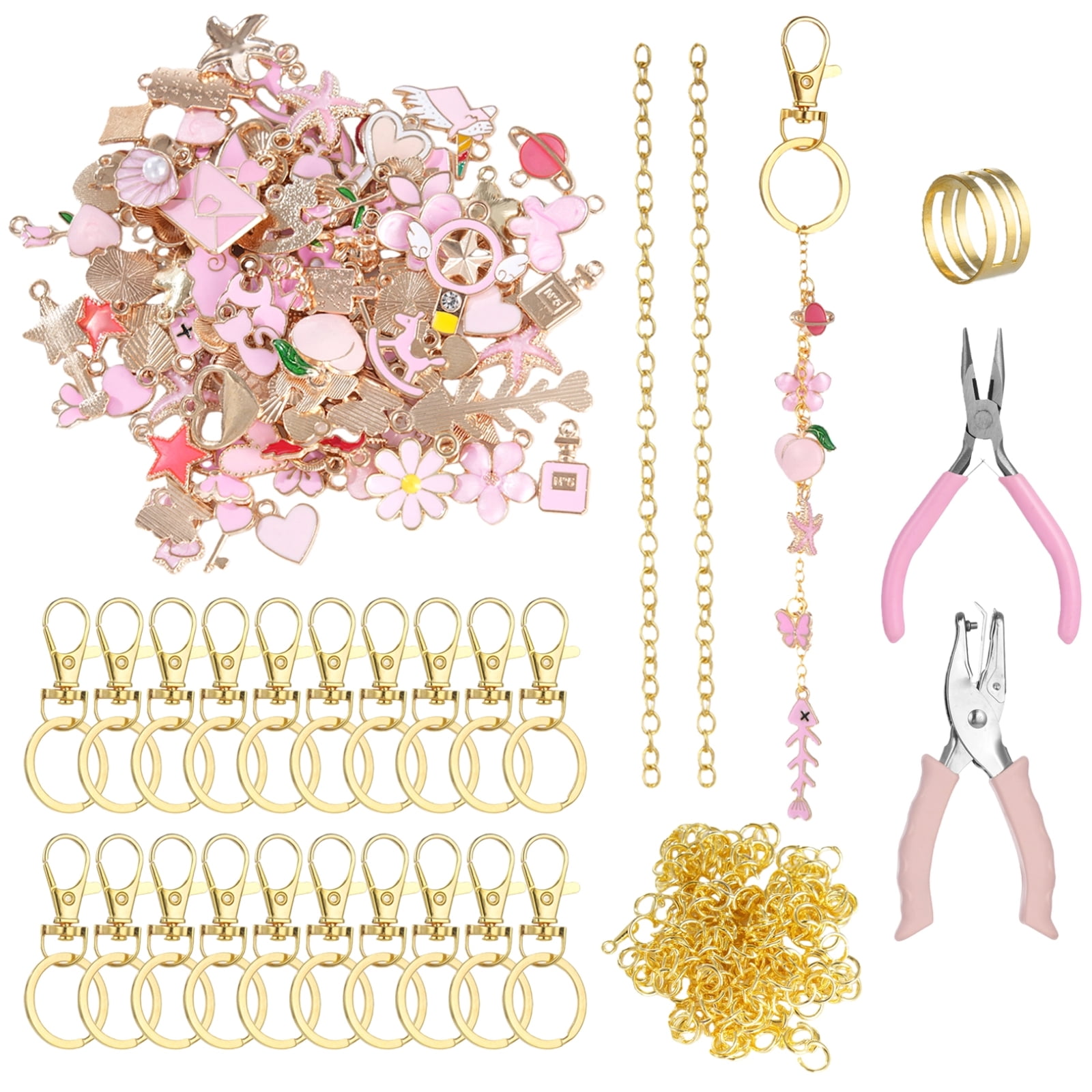 325 Pcs Pink Keychain Making Kit with Random Pendants, Pliers, Jump Rings, 8.2 ft Chains, Hole Punch, DIY Charms Lip Gloss Keychain Supplies for Jewelry Making, DIY Crafts