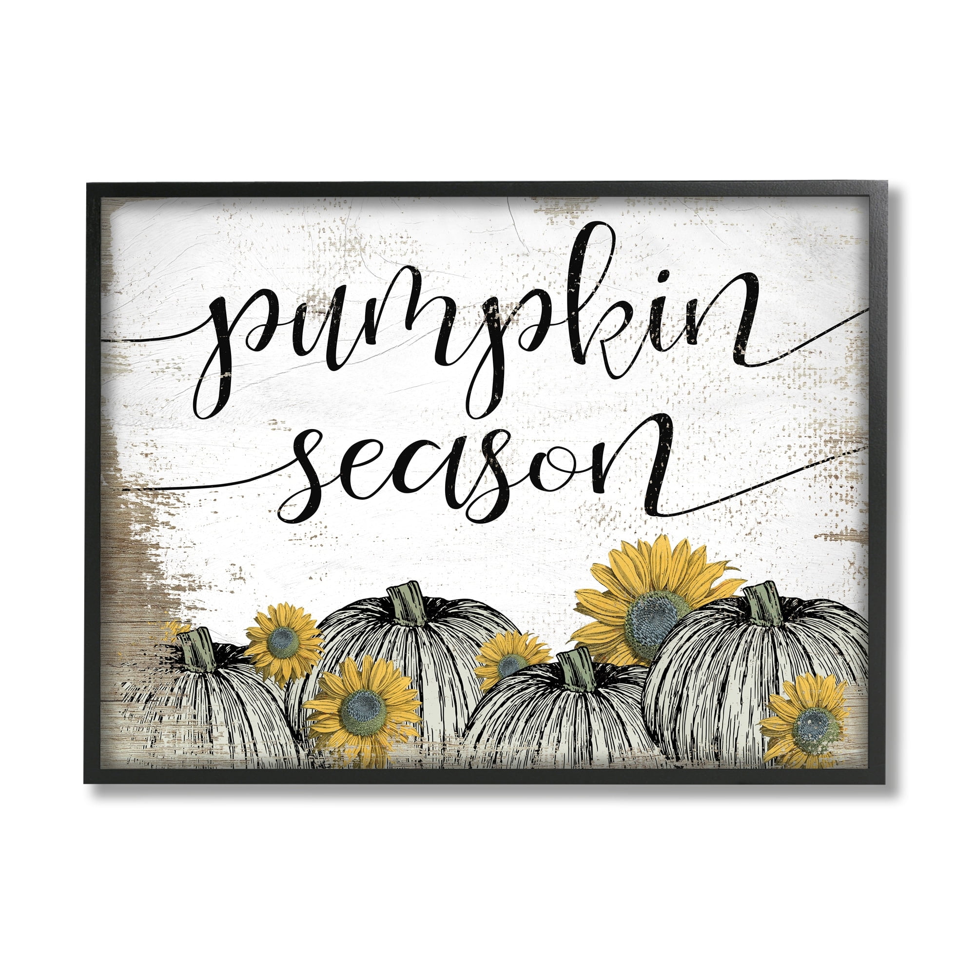 Stupell Industries Pumpkin Season Phrase Vintage Pumpkin Illustration Yellow Sunflowers Graphic Art Gray Framed Art Print Wall Art, 20x16, by Daphne Polselli