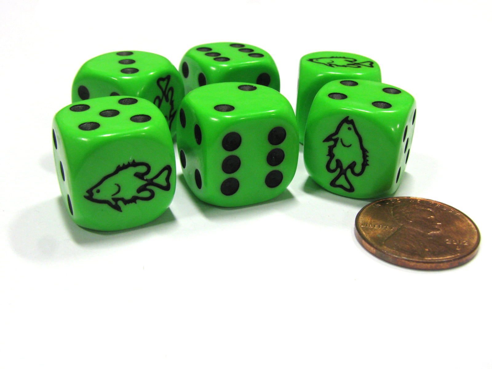 Bulk Pack of 50 Koplow Games 5/8in Green Fish Dice with Black Pips D6 16mm