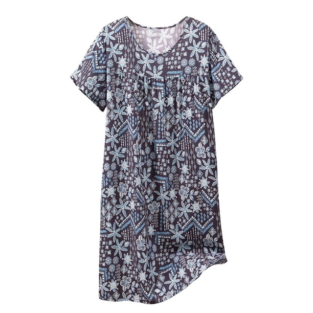 Chemise de Nuit pour Femmes, Manches Courtes à Col Rond Imprimé, Robe d'Allaitement, Rayonne Spandex Douce, Robe de Détente Longueur Genou