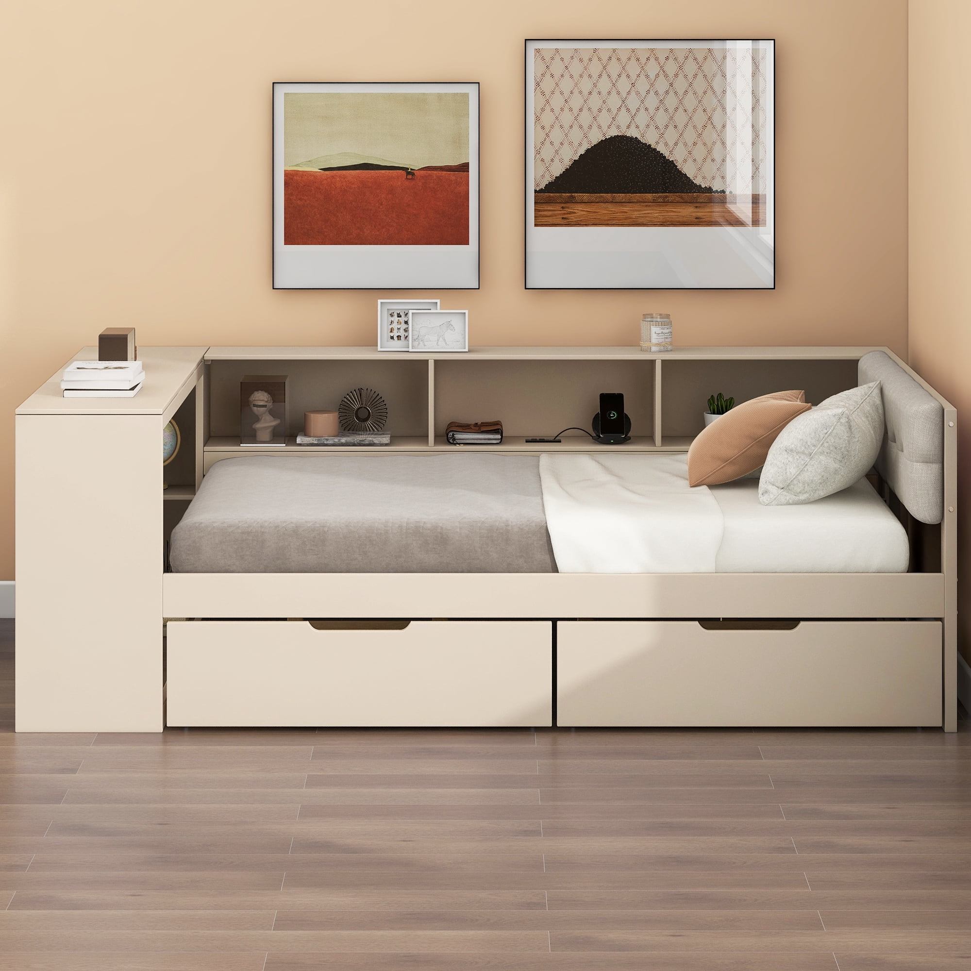 Euroco Wood Full Size Platform Bed with Desk and Shelves, Drawers and USB Charging, Cream