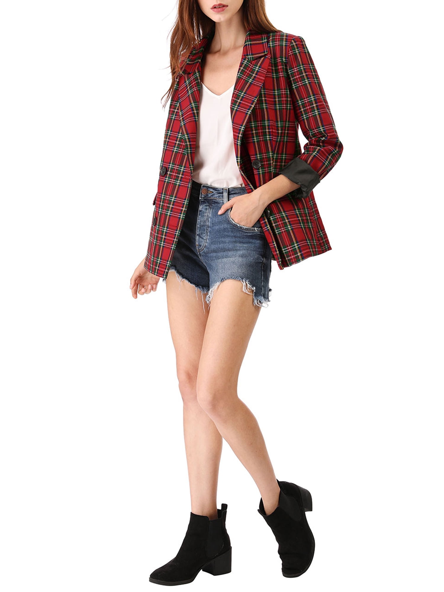 DARING DIVA Women's Plaid Notched Lapel Blazer Jacket M Red Green
